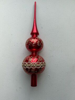 Vintage Glass Tree Topper Red Gold Filigree Glitter Christmas 13 Inch